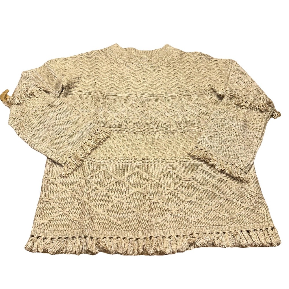 Cozy Casual Tan Cable Knit Boho Weave Fringe Mock Neck Sweater Women's‎ S/M